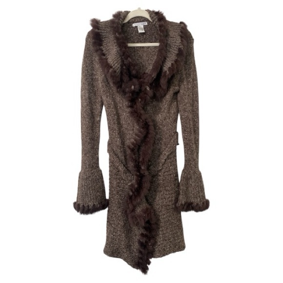 Tempo Paris Brown Rabbit Fur Trim Size S/M Knit Cardigan Penny Lane Boho Y2K - Picture 1 of 16